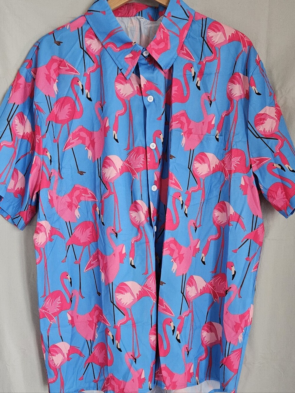 Men's Blue Flamingo Print Short Sleeve Shirt Polyester
